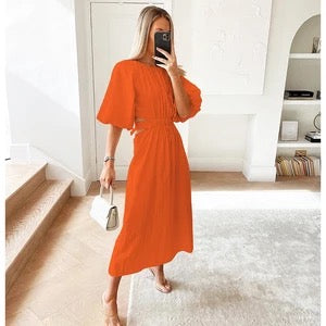 Orange Cora Linen Maxi Dress with cut outs